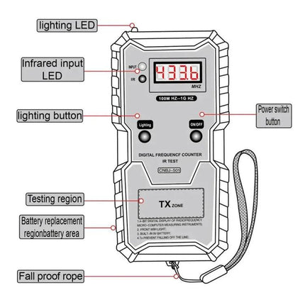CNBJ-501 Tool for Checking Remote Control Frequencies at Home - digital frequency counter with display, IR test, lighting button and wrist strap
