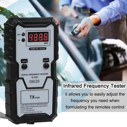 CNBJ-501 Tool for Checking Remote Control Frequencies at Home handheld infrared frequency tester showing 433.6 MHz display used to check garage remote