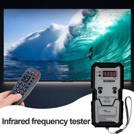 CNBJ-501 Tool for Checking Remote Control Frequencies at Home handheld infrared frequency tester next to TV and remote