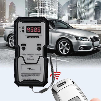 CNBJ-501 Tool for Checking Remote Control Frequencies at Home handheld frequency tester showing 433.6 MHz near car remote