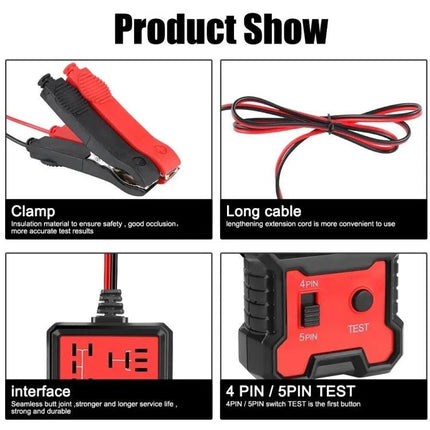 CNBJ-707 Relay Tester for Everyday Car Maintenance compact red-black unit with clamps, long cable and 4-pin/5-pin test switch