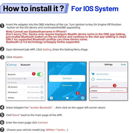 Essential VLINKER Tool for Daily Car Maintenance Checks - OBD2 iOS installation guide showing Bluetooth pairing and app setup