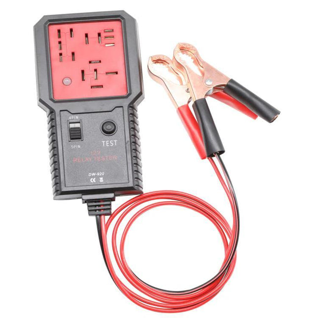 Practical Tester for Everyday Auto Repair and Diagnostics relay tester with 4- and 5-pin sockets and alligator clips for 12V diagnostics