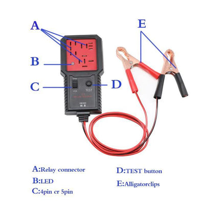 Practical Tester for Everyday Auto Repair and Diagnostics - 12V relay tester with 4/5-pin sockets, LEDs, TEST button and alligator clips