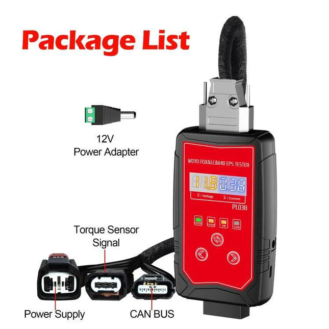 WOYO Tool for Workbench Testing of Car Steering Components - red handheld EPS tester with CAN BUS, torque sensor, power supply and 12V adapter