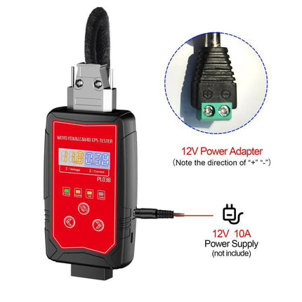 WOYO Tool for Workbench Testing of Car Steering Components red handheld EPS tester on bench with 12V power adapter and display