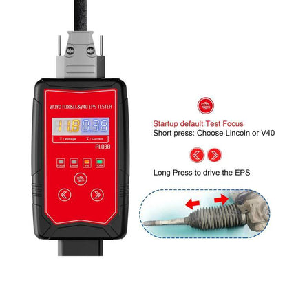 WOYO Tool for Workbench Testing of Car Steering Components handheld EPS tester showing display and controls for bench-testing steering rack