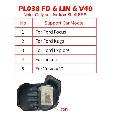 WOYO Tool for Workbench Testing of Car Steering Components showing PL038 FD & LIN & V40 compatibility list and iron shell EPS unit
