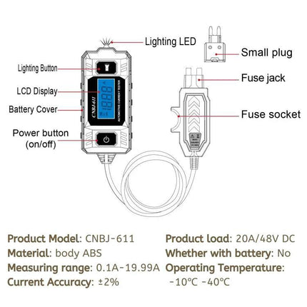 A CNBJ Tool for Routine Car Fuse Checks and Travel Maintenance diagram showing CNBJ-611 tester with LCD, lighting LED, fuse jack and specs