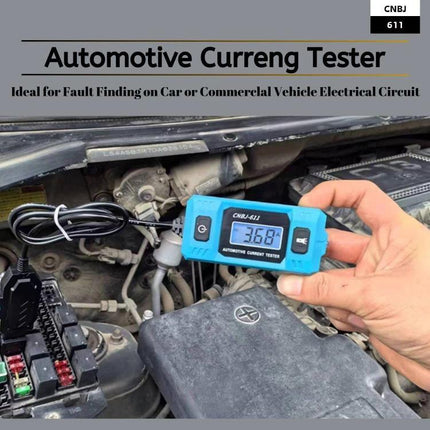 A CNBJ Tool for Routine Car Fuse Checks and Travel Maintenance showing blue CNBJ current tester measuring fuse current in a car engine bay