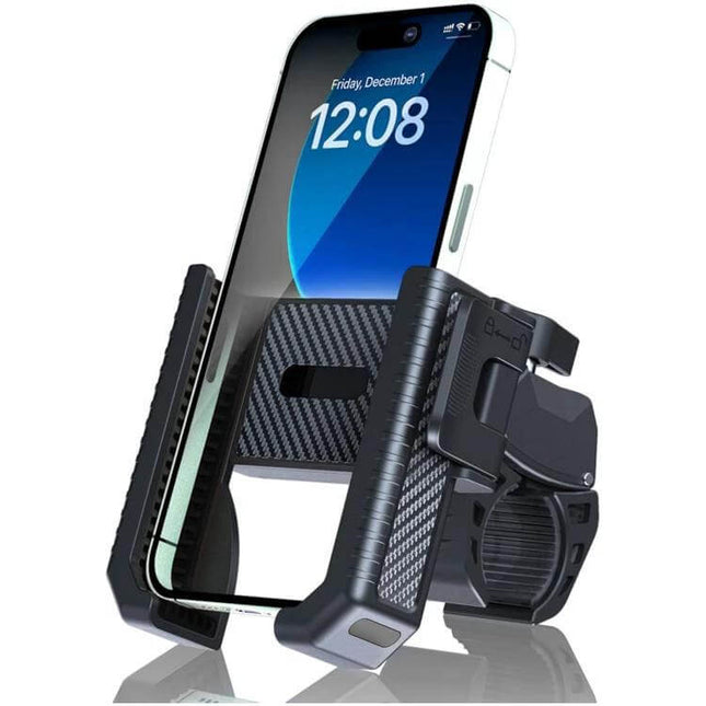 Phone Holder for Bicycle and Scooter, Carbon Fiber Texture - adjustable bike and scooter mount holding smartphone with unobstructed camera