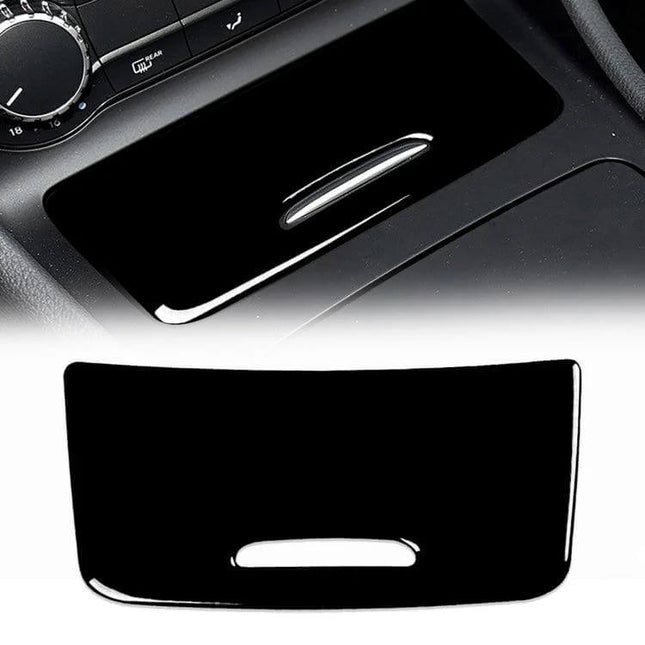Decorative Cover for Mercedes-Benz A-Class Storage Box in piano black ABS, sleek fitted replacement for center console compartment