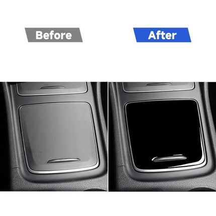 Decorative Cover for Mercedes-Benz A-Class Storage Box in piano black ABS showing before and after center console storage refresh