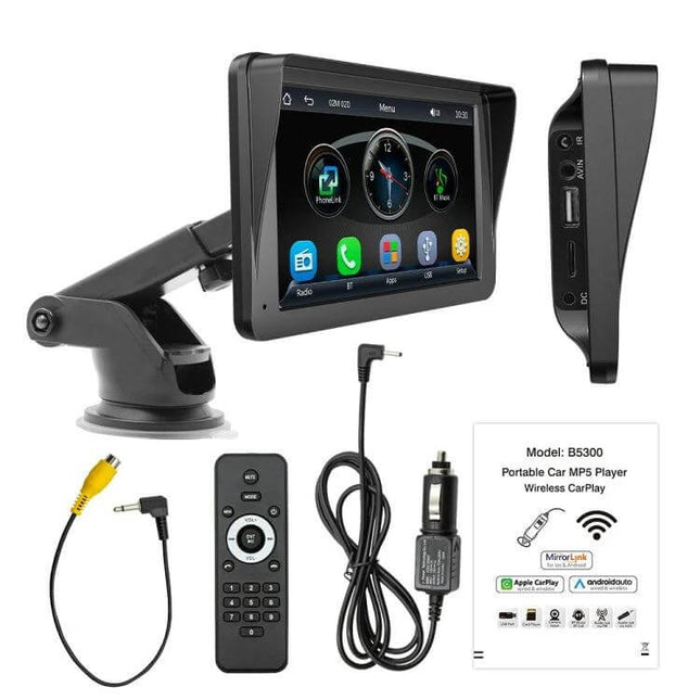 7-Inch Wireless CarPlay Bluetooth Media Player for In-Car Use showing touchscreen display, suction mount, remote, cables, and USB/AV ports