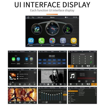 7-Inch Wireless CarPlay Bluetooth Media Player for In-Car Use touchscreen UI display showing apps, radio, music player, phone and settings