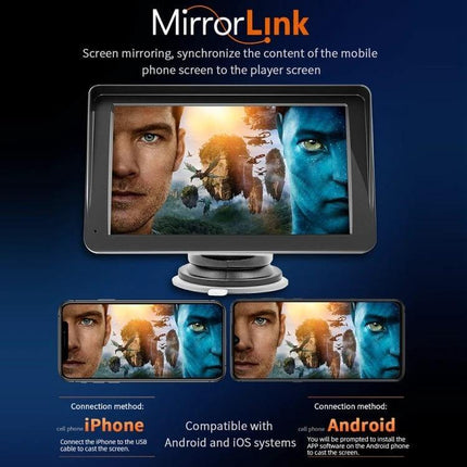 7-Inch Wireless CarPlay Bluetooth Media Player for In-Car Use showing screen mirroring of smartphone movie playback with iPhone and Android compatibility
