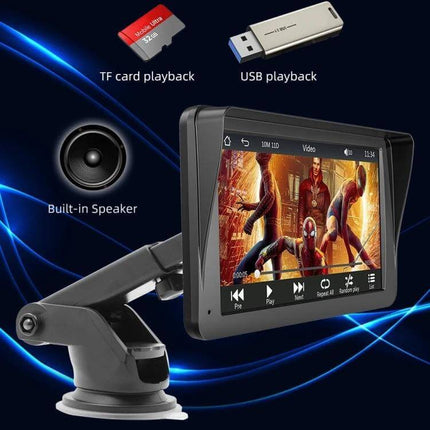 7-Inch Wireless CarPlay Bluetooth Media Player for In-Car Use showing screen, mount, TF card and USB playback options