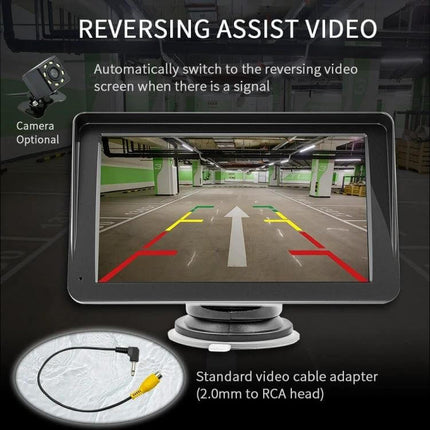 7-Inch Wireless CarPlay Bluetooth Media Player for In-Car Use showing reversing assist camera view with parking guide lines