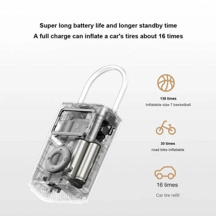 Xiaomi Mijia Air Pump 2 Pro for Car and Bike Tires showing transparent unit, battery life and 16 car tire refills per full charge