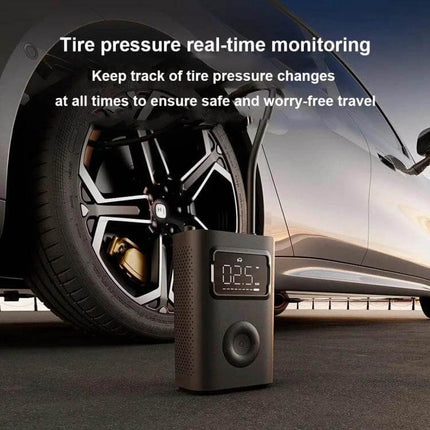 Xiaomi Mijia Air Pump 2 Pro for Car and Bike Tires portable electric tire inflator showing digital display beside car wheel