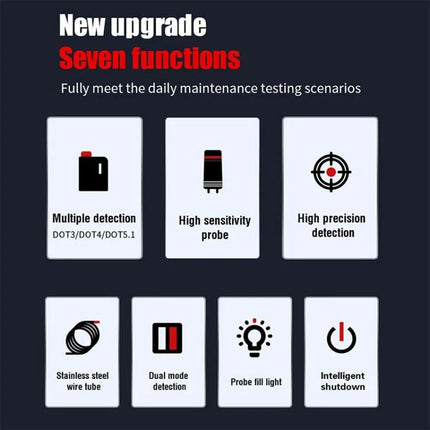 Car Brake Fluid Tester for Routine Vehicle Maintenance - seven-function tester showing DOT3 DOT4 DOT5.1 detection, high sensitivity probe, and LED indicators
