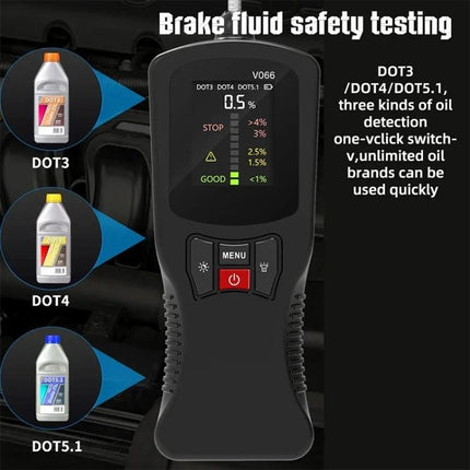 Car Brake Fluid Tester for Routine Vehicle Maintenance handheld tester showing DOT3 DOT4 DOT5.1 compatibility and safety levels