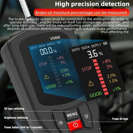 Car Brake Fluid Tester for Routine Vehicle Maintenance digital moisture meter showing DOT3 DOT4 DOT5.1 readings and percent moisture display
