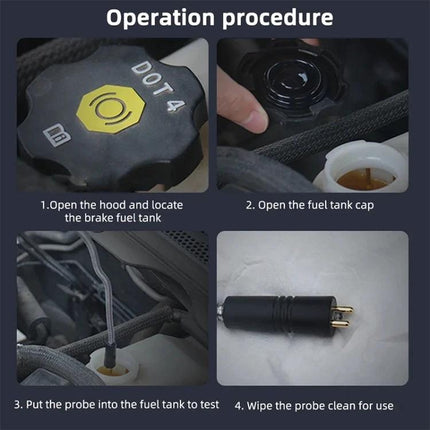 Car Brake Fluid Tester for Routine Vehicle Maintenance probing brake reservoir with probe to check DOT3 DOT4 DOT5.1 fluid condition and contamination