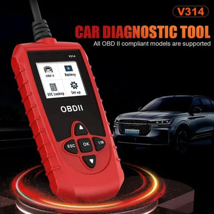 Handy Tool for Everyday Car Maintenance and Checks - red OBDII car diagnostic scanner with display showing DTC lookup and battery checks