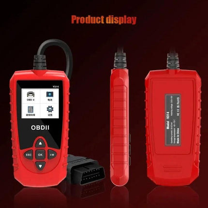 Handy Tool for Everyday Car Maintenance and Checks - red OBDII diagnostic scanner showing front, side, and back views with connector