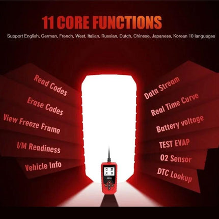 Handy Tool for Everyday Car Maintenance and Checks - compact diagnostic scanner showing 11 core functions like Read Codes, Erase Codes, Data Stream
