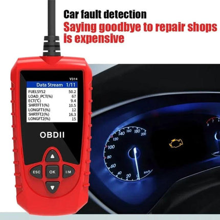Handy Tool for Everyday Car Maintenance and Checks - red OBDII scanner displaying data stream beside car dashboard with check engine light