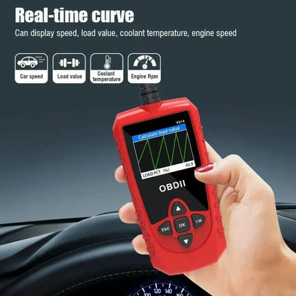 Handy Tool for Everyday Car Maintenance and Checks - red OBDII diagnostic scanner showing real-time curve and load value display in hand