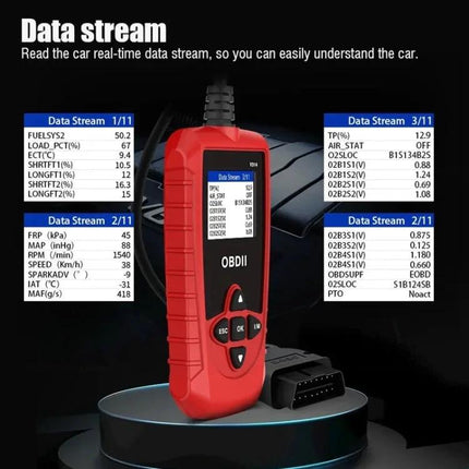 Handy Tool for Everyday Car Maintenance and Checks - red OBDII diagnostic scanner displaying live data stream and OBD2 connector