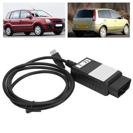 Essential Car Key Programmer for Ford, Nissan, and Renault Owners - OBD2 USB key programmer with cable alongside hatchback car images
