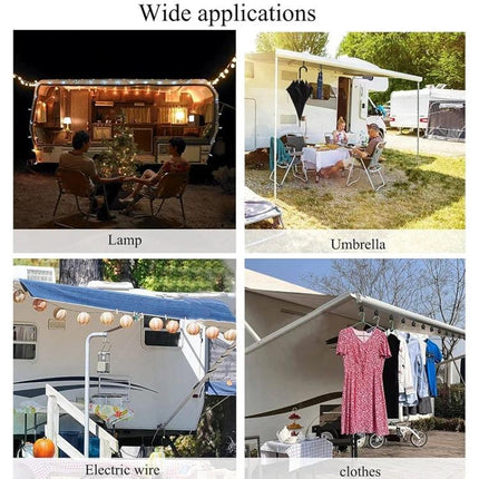 Convenient Hook for RV Awnings During Outdoor Camping Setup hanging rope lights, umbrellas and clothes from RV awning roller bar