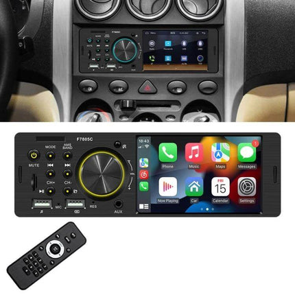 Compact 4-Inch Car MP5 Player with Bluetooth and FM Radio installed in car dashboard showing touchscreen, Bluetooth icons, USB and remote control