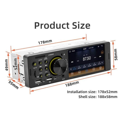 Compact 4-Inch Car MP5 Player with Bluetooth and FM Radio showing dimensions and front panel features
