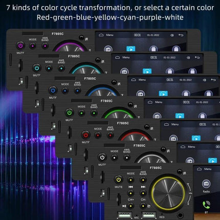 Compact 4-Inch Car MP5 Player with Bluetooth and FM Radio showing multicolor LED rings, dashboard integration, Bluetooth, FM, USB and SD media options