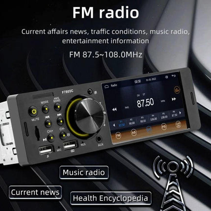 Compact 4-Inch Car MP5 Player with Bluetooth and FM Radio showing FM 87.5 on dashboard screen with USB/SD ports and control knob