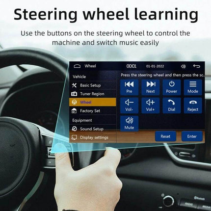 Compact 4-Inch Car MP5 Player with Bluetooth and FM Radio steering wheel control setup screen showing volume, track, mode and mute buttons