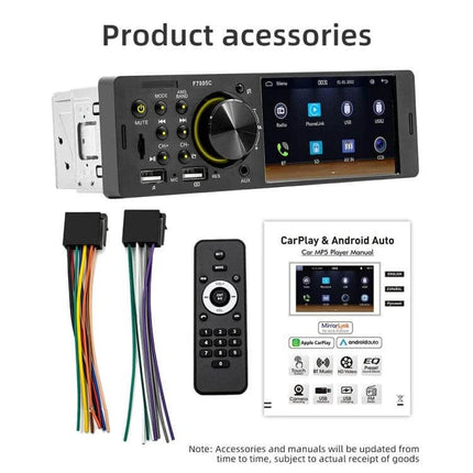 Compact 4-Inch Car MP5 Player with Bluetooth and FM Radio front view showing touchscreen, control knob, wiring harnesses and remote