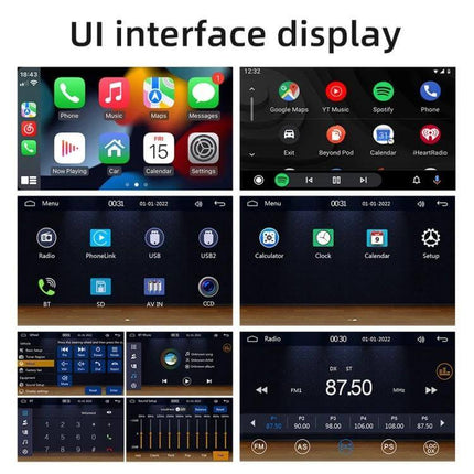 Compact 4-Inch Car MP5 Player with Bluetooth and FM Radio UI interface display showing Bluetooth, FM radio, Apple CarPlay and Android Auto