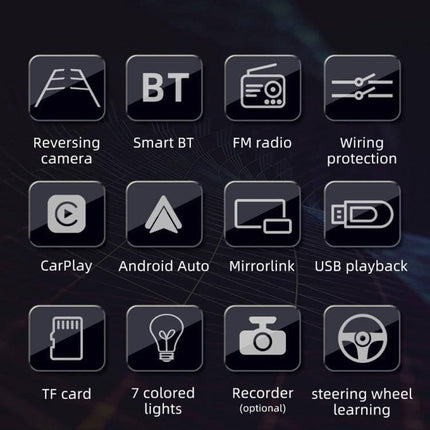 Compact 4-Inch Car MP5 Player with Bluetooth and FM Radio showing icons for Bluetooth, FM radio, CarPlay, Android Auto, USB, TF card, reversing camera, mirrorlink, recorder, steering wheel control