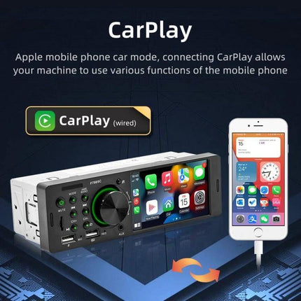 Compact 4-Inch Car MP5 Player with Bluetooth and FM Radio — dashboard unit showing CarPlay screen and phone connection