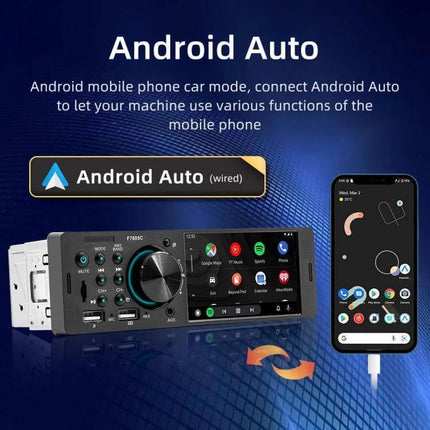 Compact 4-Inch Car MP5 Player with Bluetooth and FM Radio showing Android Auto connectivity and smartphone hookup