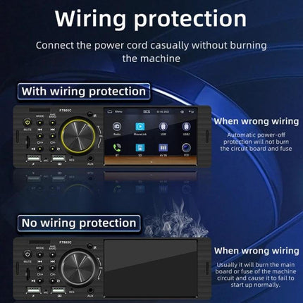 Compact 4-Inch Car MP5 Player with Bluetooth and FM Radio showing wiring protection comparison and dashboard integration