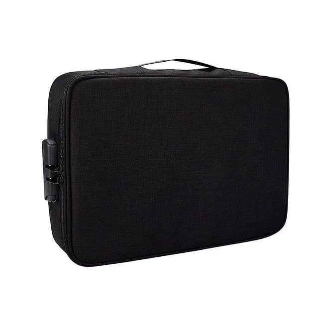Waterproof Storage Bag for Documents and Laptops with Lock in black, zippered travel case with password lock and handle