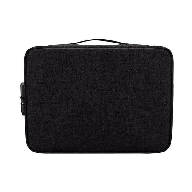 Waterproof Storage Bag for Documents and Laptops with Lock black travel case with handle, password lock and 12 card slots, protects laptop and papers