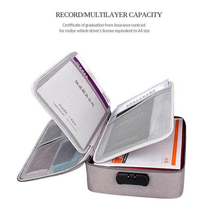 Waterproof Storage Bag for Documents and Laptops with Lock showing open multilayer compartments, 12 card slots, and password lock for commuters